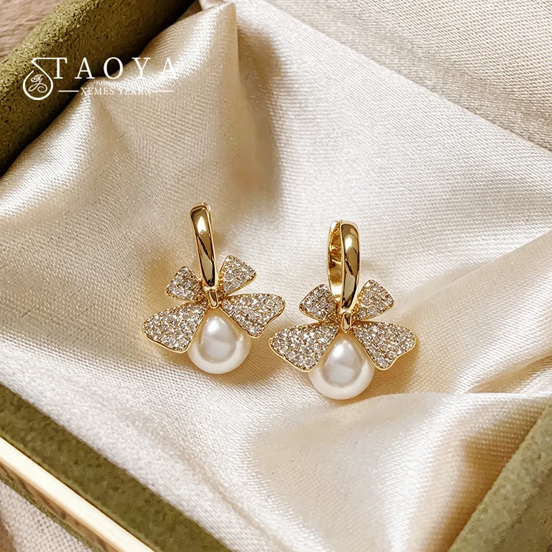 Micro Inlaid Zircon Bow Imitation Pearl Pendant Earrings For Women 2026 New Design Jewelry Sweet Ear Buckle Trendy Accessories