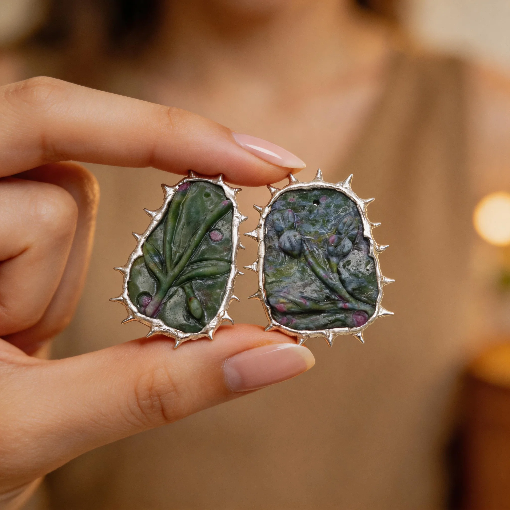 60mm Botanical Thorn Red Green Gemstone Pendant, Natural Stone Charm, Colorful Gemstone Pendant, Soldered Metal Setting, Faceted