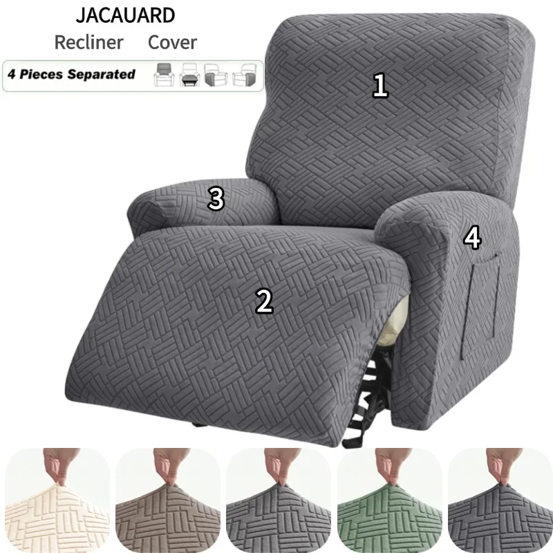 1 Seater Jacquard Recliner Sofa Cover Stretch Split Armchair Slipcover for Living Room Couch Protector with Storage Pocket