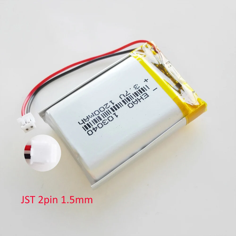 Akumulator litowo-polimerowy LiPo 3,7 V 1200 mAh 103040 + Wtyczka JST 2Pin 1,25/1,5/2,0/2,54 mm do telefonu komórkowego MP3 GPS DVD