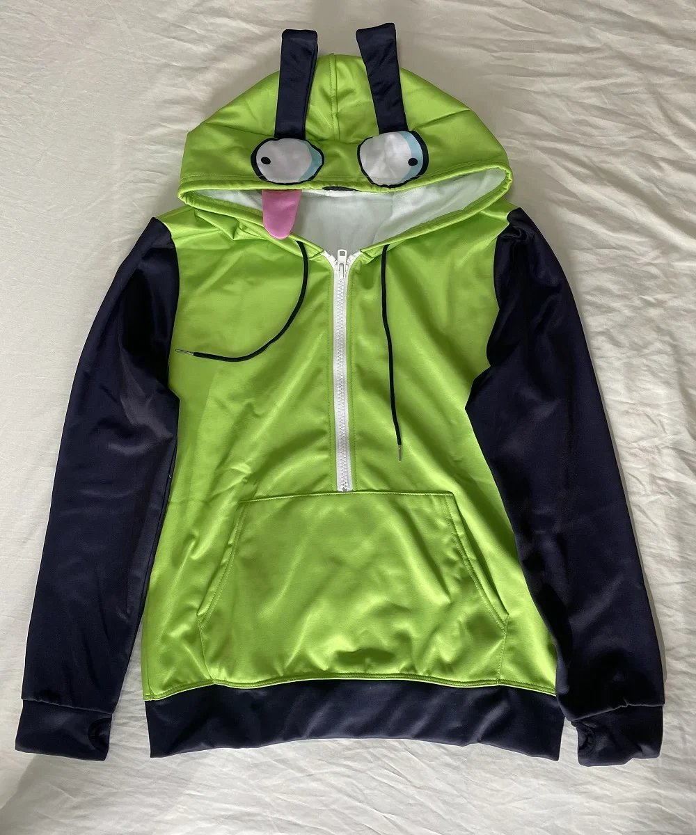 AnimeAlien Zim Hoodies Jacket  Invader Cosplay Costume Coat Hooded Zip Up Pullovers Sweatshirts with Ears Halloween