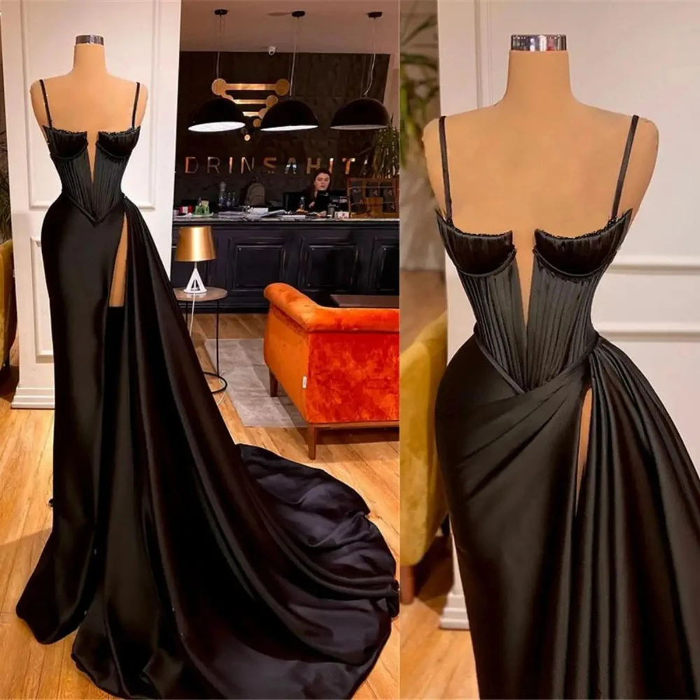 Sexy Balck Satin Long Mermaid Evening Dresses 2023 Pearls Gala Formal Party Prom Gowns Pleat Wedding Occasion Robe De Soiree