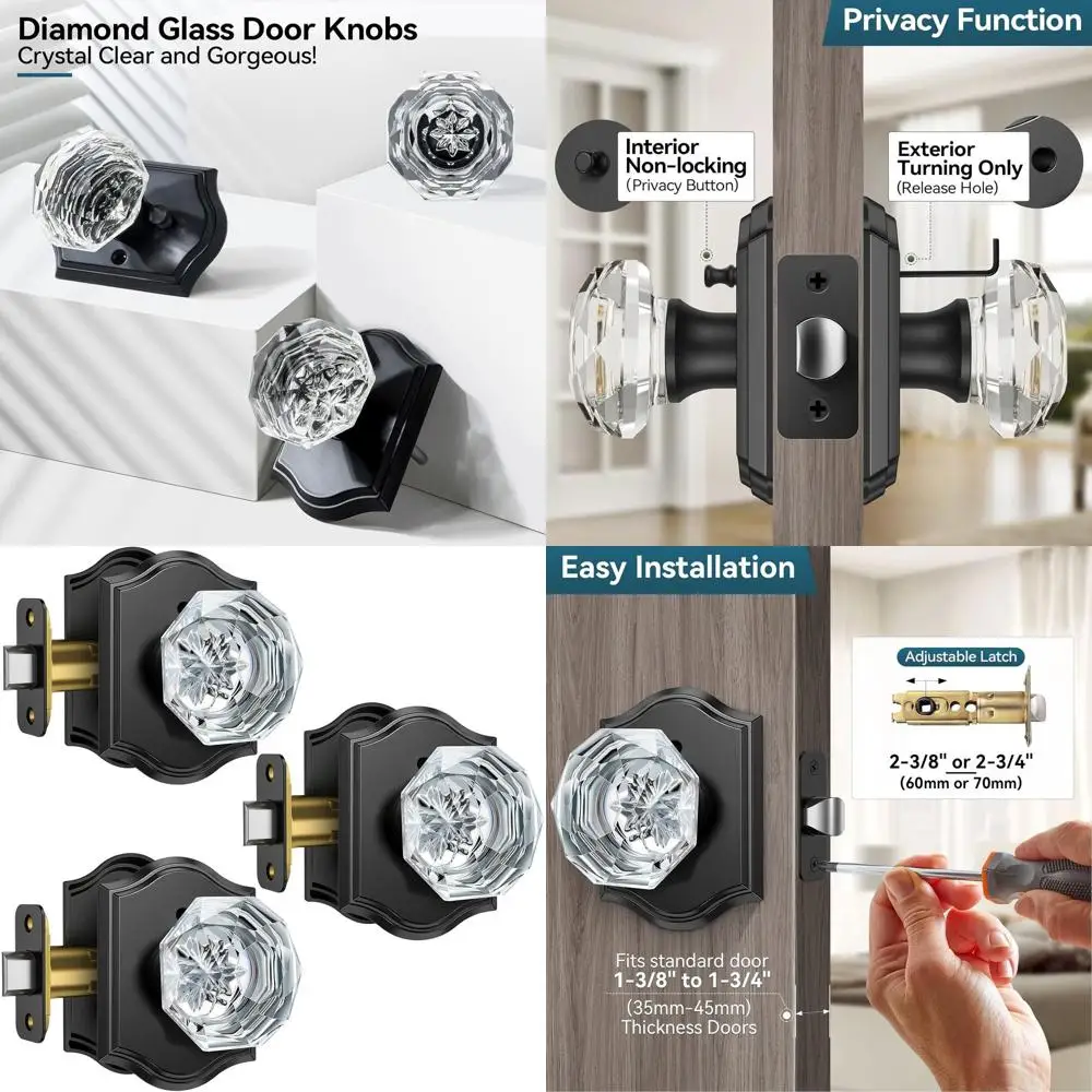 

Набор из 3 черных хрустальных дверных ручек с замком, подходят для использования внутри помещений, для обеспечения конфиденциальности, для спальни и ванной комнаты