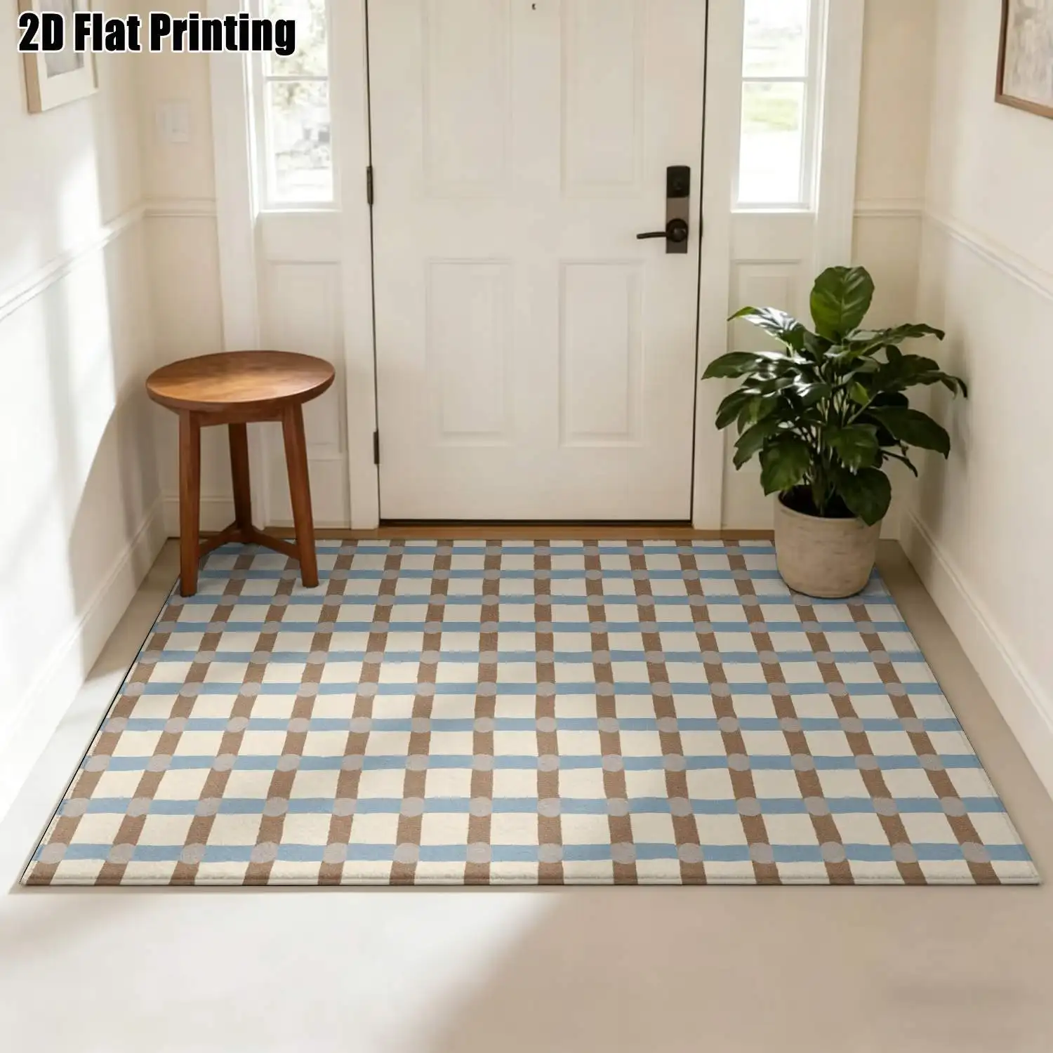 1Pc 2D Printed Blue-Brown Geometric Striped Carpet, Nordic/Instagram Style, Modern Minimalist Vintage Home Decor Floor Mat, Multi-Size, Machine Washable, for Entrance, Dining, Foyer, Bedroom, Living Room