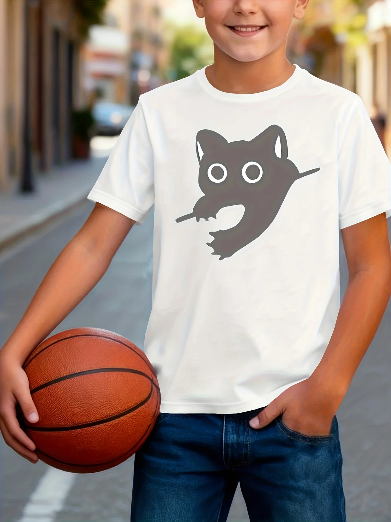 Kids  Cotton Tee Minimal Gray Sneaky Cat Peeking Through Hole Print Crew Neck Short Sleeve Cute Pet Casual Tops