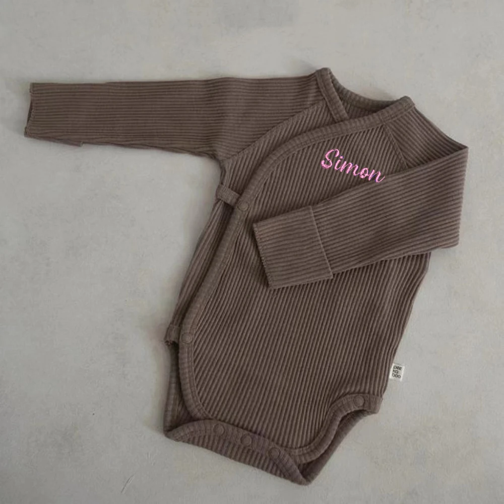 Jumpsuit bayi baru lahir kustom sesuai pesanan, Jumpsuit kerah Diagonal bayi baru lahir musim semi dan musim gugur warna polos bordir