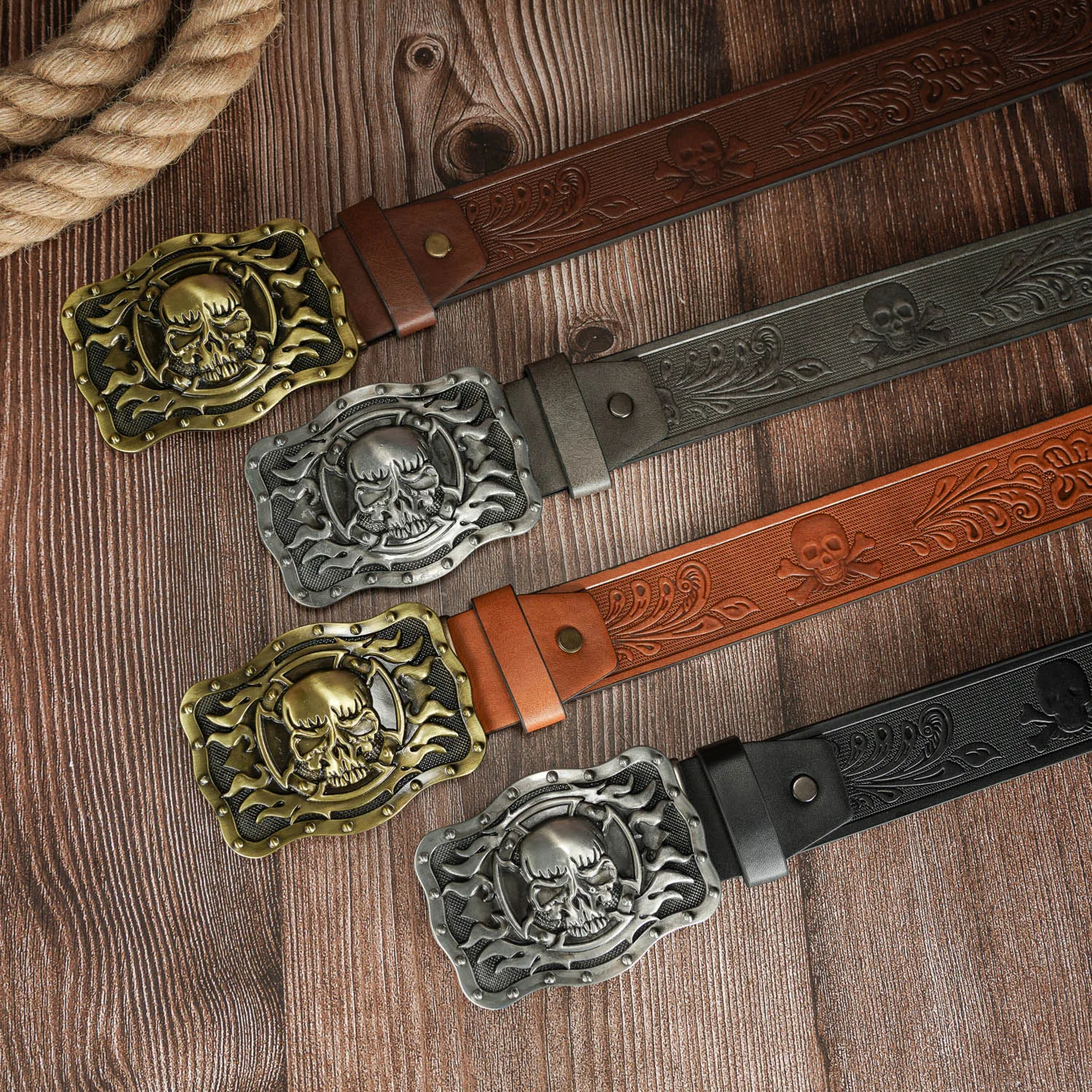 Irregular-Shaped Flame Skull Buckle, Fashionable and Trendy Skull PU Embossed Belt, Unisex Belt