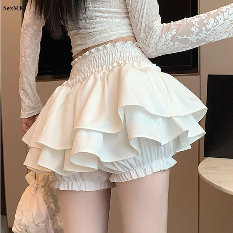 Sweet Cute Ball Gown Mini Skirts Women Casual High Elastic Waist A Line Faldas Largas White Vintage Shorts Micro Tennis Skirt
