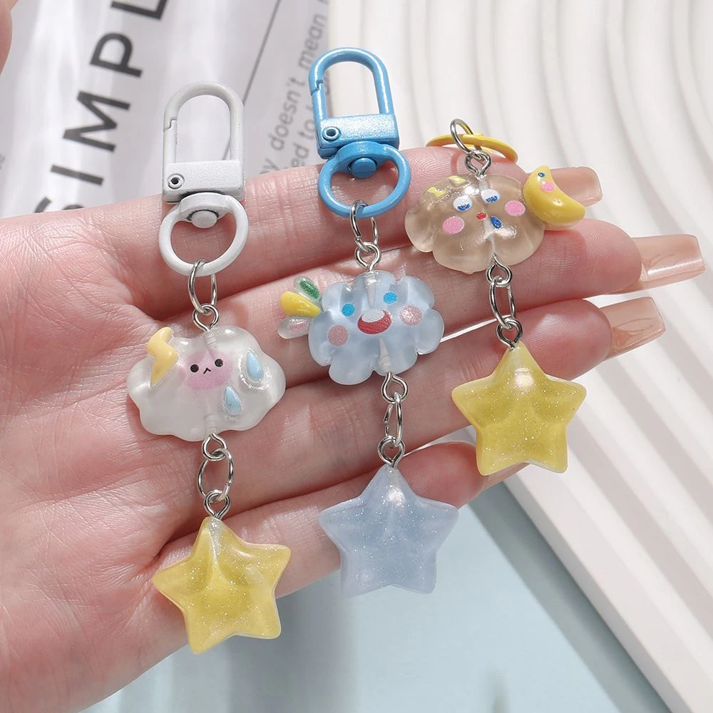 Kawaii Glitter Translucent Resin Cloud Star Keychain Cute Keyring Bag Backpack Pendant Decor For Kid Girls Birthday Party Favors