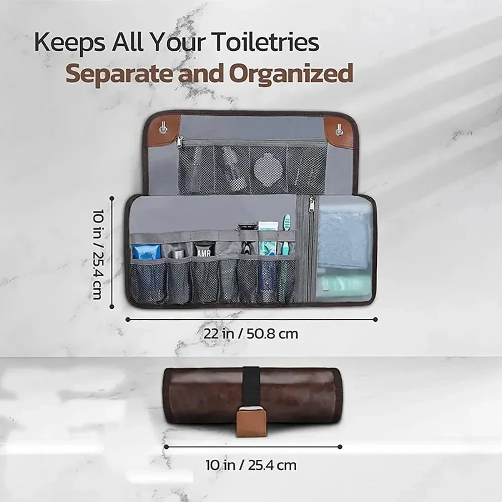 Tas Perlengkapan Mandi untuk Pria Tas Gantung Organizer Perjalanan Kamar Mandi Tahan Air Tas Kebersihan Kulit PU Tas Cukur Kit Dopp Gulung