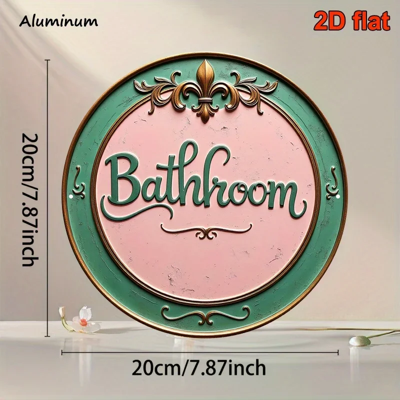 2D Flat, 1pc 20.32x20.32 cm Round Aluminum Sign - Vintage French Country Style Bathroom Decor, Green and Pink Design with Floral