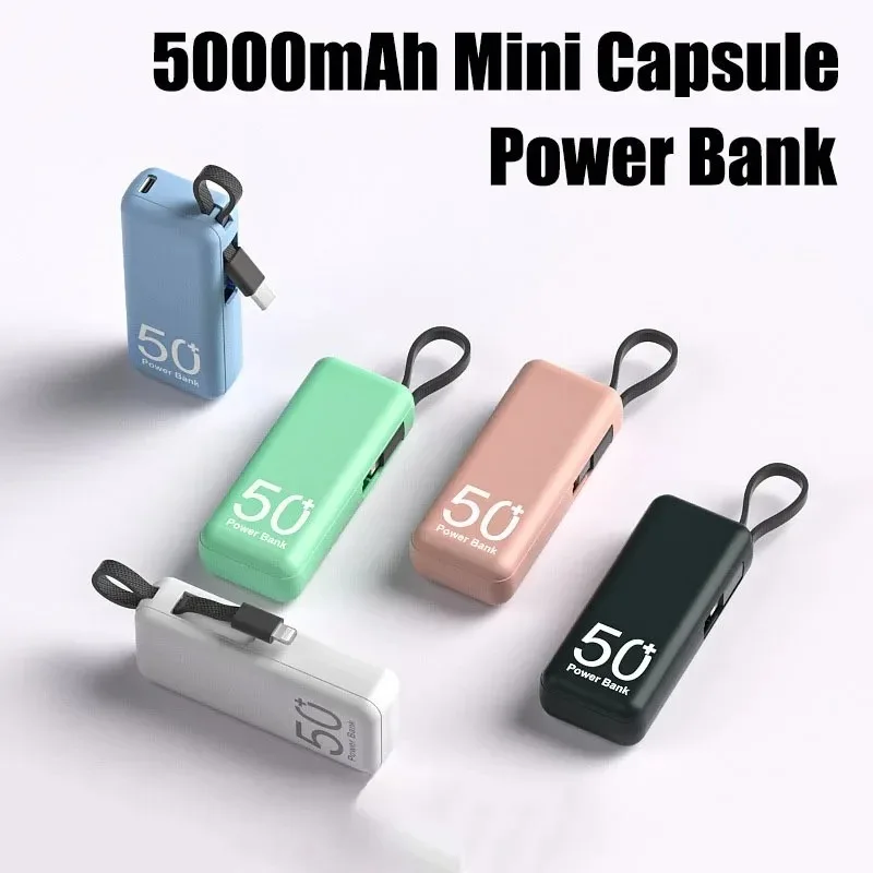 Mini 5000 MAh Power Bank Built-in Cable Portable Battery Pack Mobile Charger for Outdoor Emergency Power Banks Station