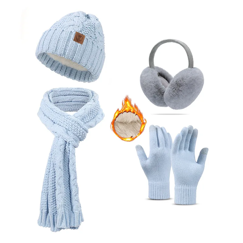Hat, scarf, gloves and socks four-piece set with velvet and thickening for adults winter warm knitted hat set