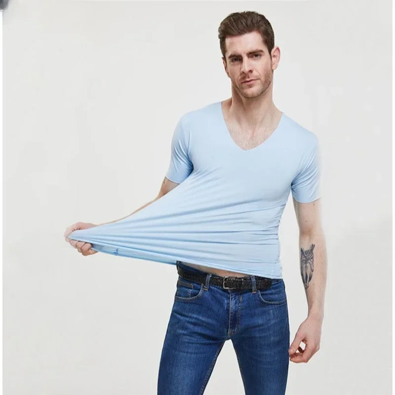 Men's Ice Silk Thin Cool Feeling V-Neck Large Size Men T-Shirt Short Sleeve Loose T-Shirt Solid Color for Male Tops Tees