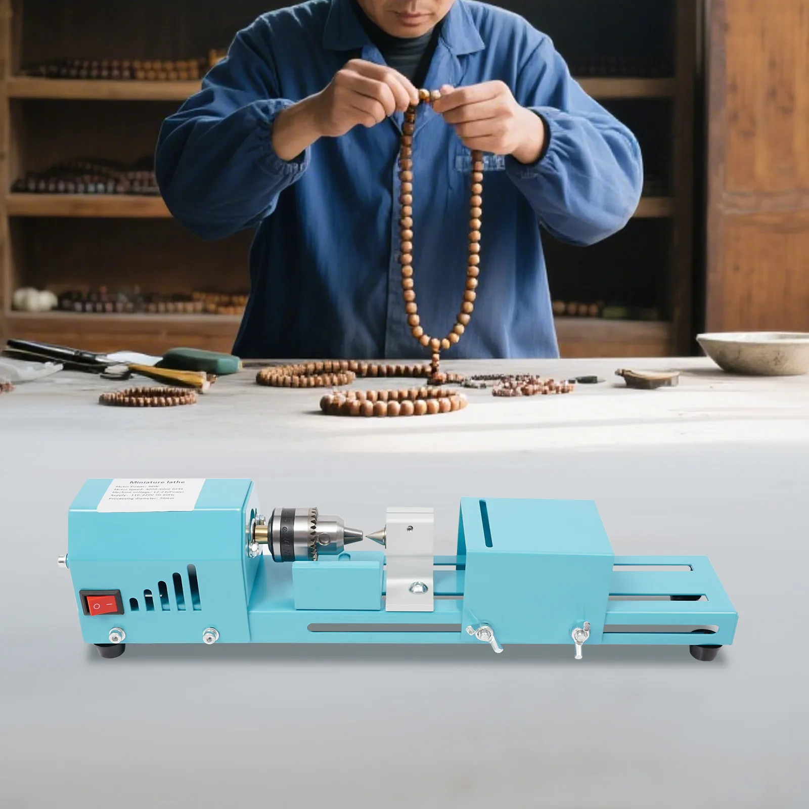 Mini-Metalldrehmaschine, blaue Holzdrehmaschine, Fräsmaschine, kabelgebunden, elektrisch, 34,5 x 6 x 8 cm, für die Verarbeitung kleiner Blattpalisander