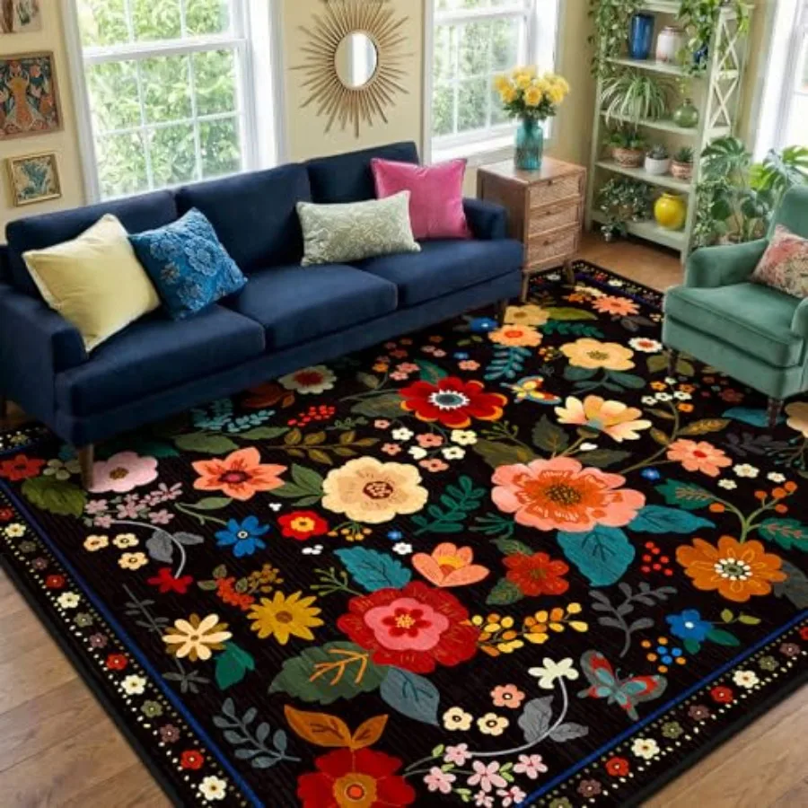 

Floral Nursery 8x10 Area Rugs for Living Room Playroom Bedroom Kitchen OfficeWashable Boho Print Non-Slip Low-Pile Black Carpet