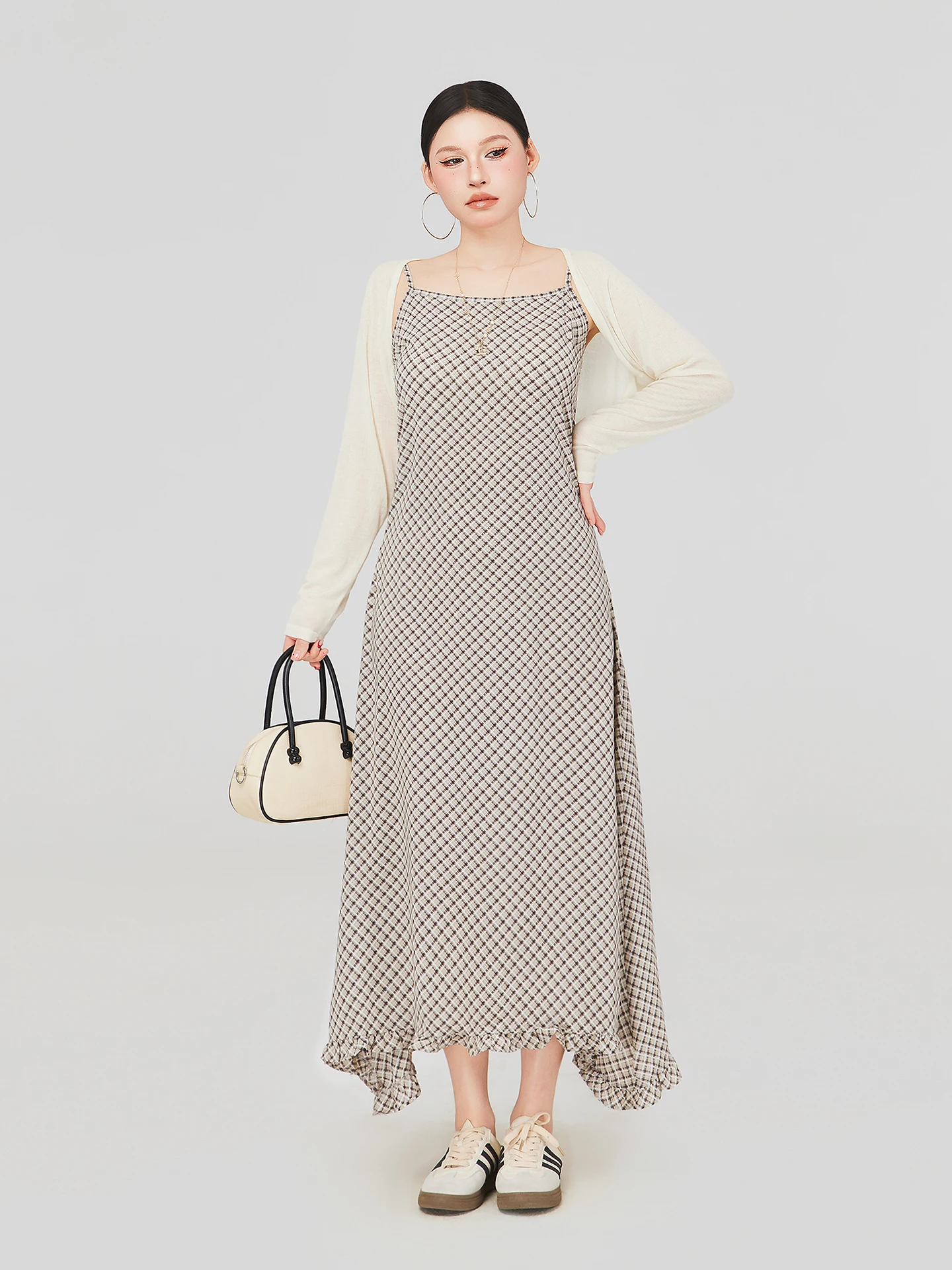 

plus Size Women's Early Spring Outfit Set Slimming Plaid Strap Dr Outer Cardigan Layering Two-Piece Set Korean Sle Commute