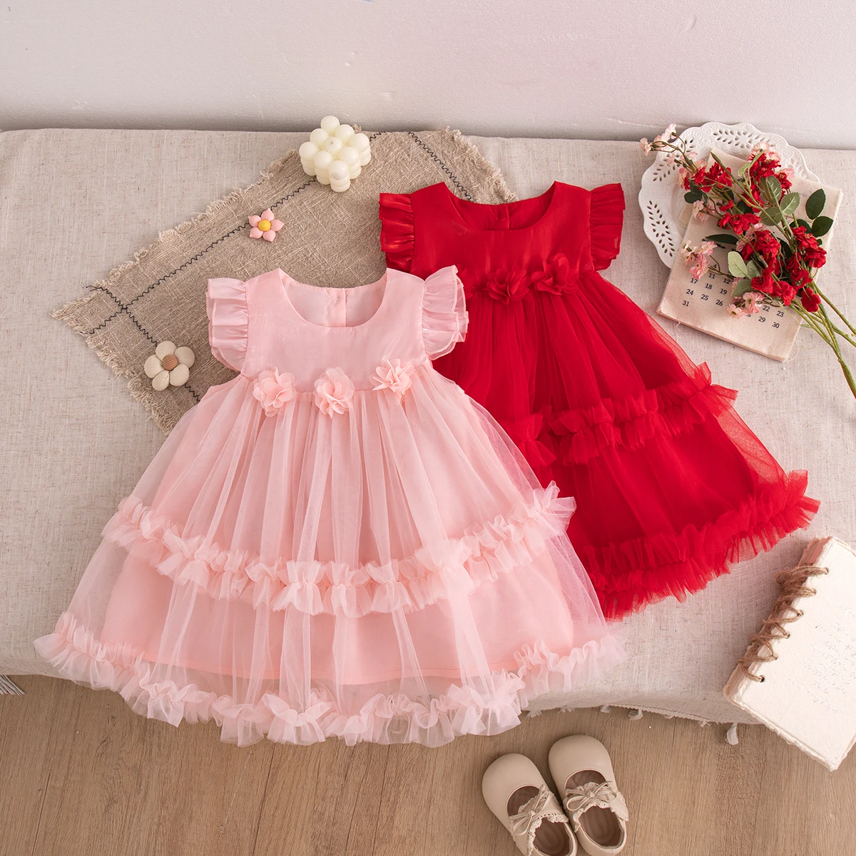 Korean Style Sweet Solid Color Baby Girl Dress Summer Fashion Flower Birthday Party Gift or Wedding Princess Fairy Toddler Dress