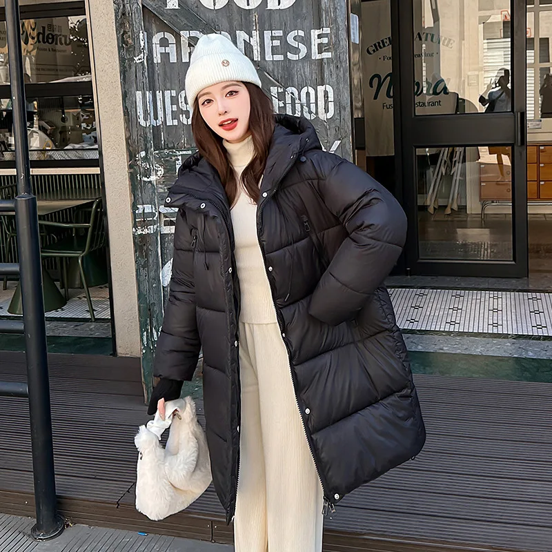Women Parkas Loose Hooded Midi Coats Solid Full Sleeve Zipper Jackets Button Pockets Elegant Jacket Thick Warm Autumn Winter