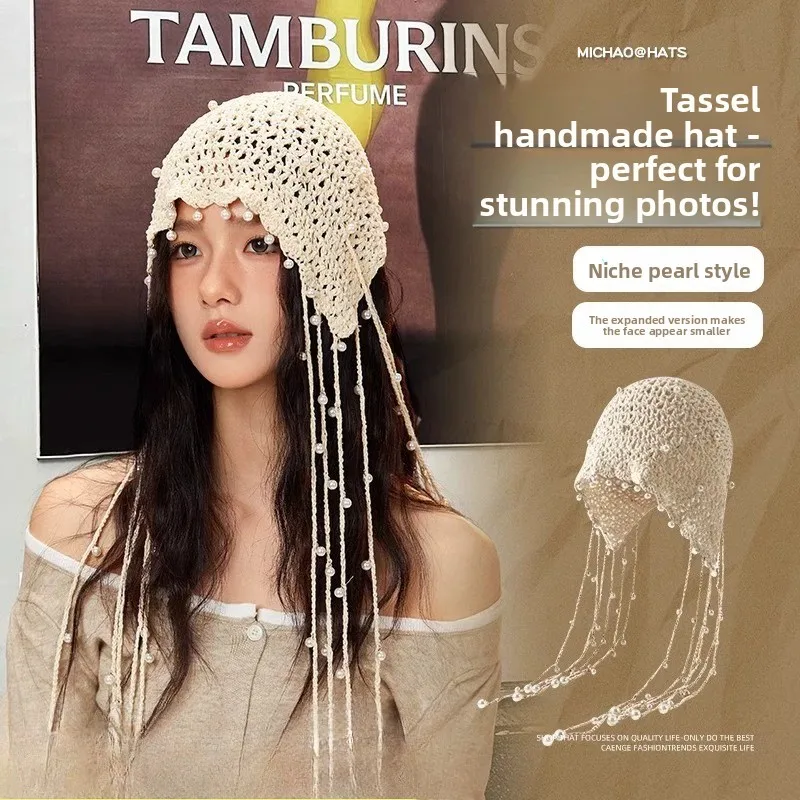 Fashion Handwoven Hollow Baotou Hat Women's Crochet Ethnic Style Tassel Ear Protector Strap Sleeve Knitted Hat
