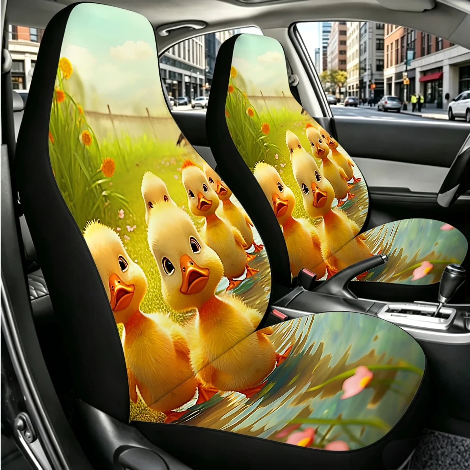 2pcs Yellow Duck Water Play Spring Floral Background Car Seat Covers, Universal Size For SUV, Truck, Sedan, Digital Print Comfor