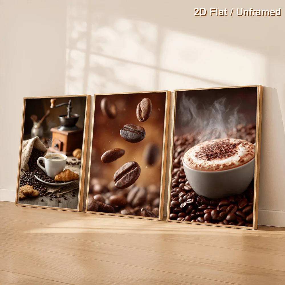（Noframe 3PCS)-2D Flat, 2D Flat, Set of 3 Unframed Art Prints Featuring Coffee Beans, Wall Poster of a Steamy Brew, Rustic Ca
