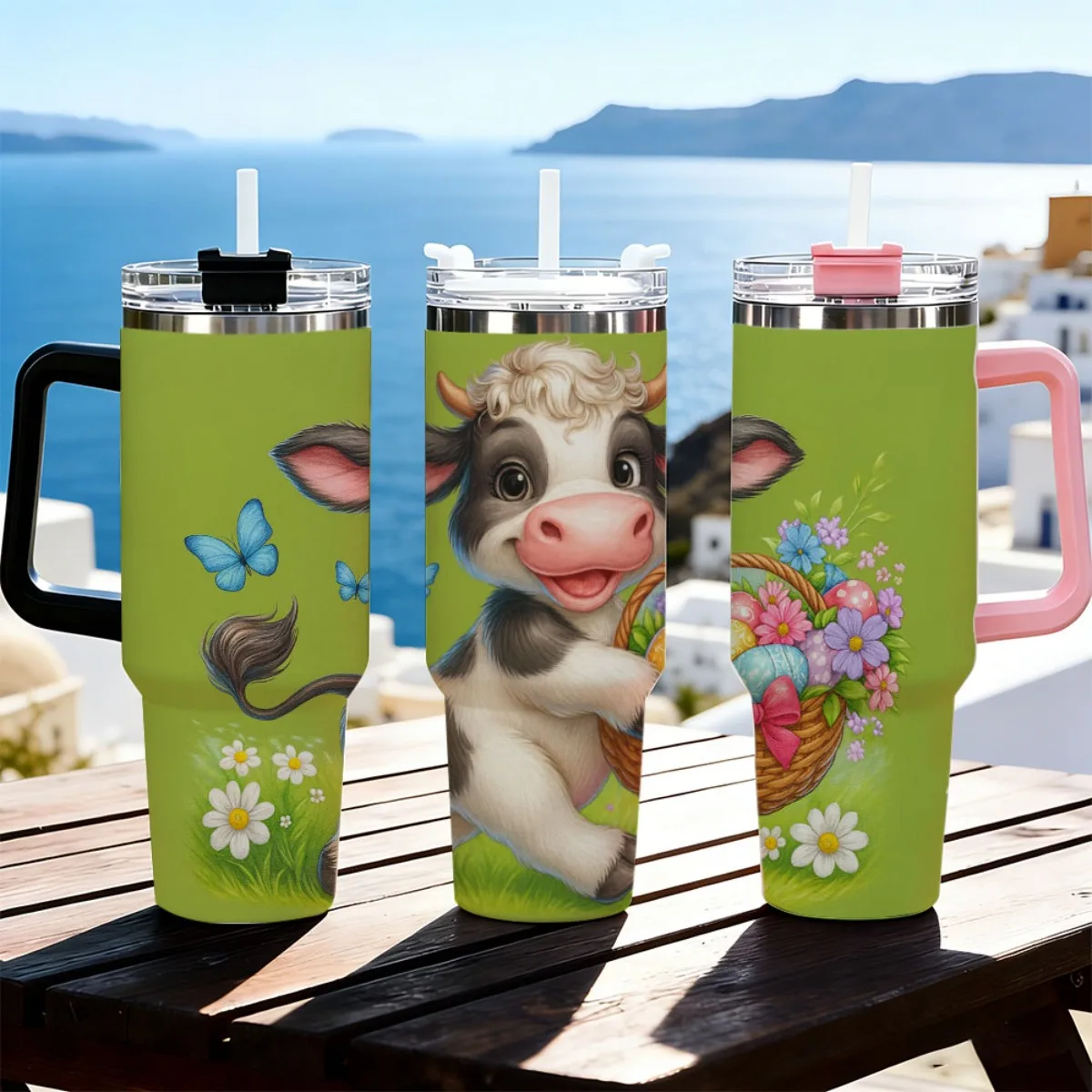 1pc 40oz Stainless Steel Tumbler with Straw - Cute Cow Design Floral Basket & Butterflies Insulated for Hot & Cold Drinks Perfect for Home Travel And Outdoor Use Travel Drinkware Playful for Work Refined Sleek Chic Trendy Abstract Printed Stainless
