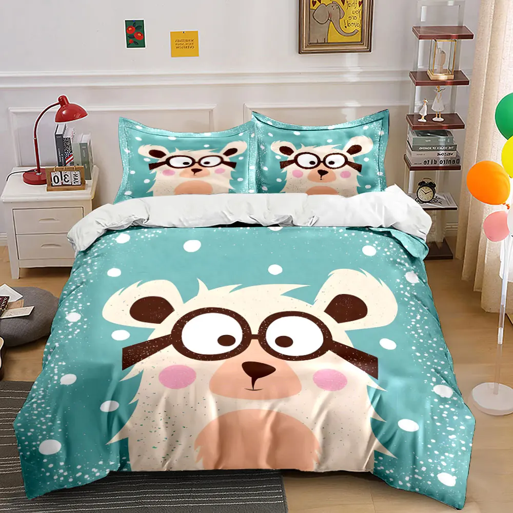 Cartoon polar bear with glasses Print Soft Comfortable Duvet Cover Bedding Set Included 1*Duvet Cover  2*Pillowcases