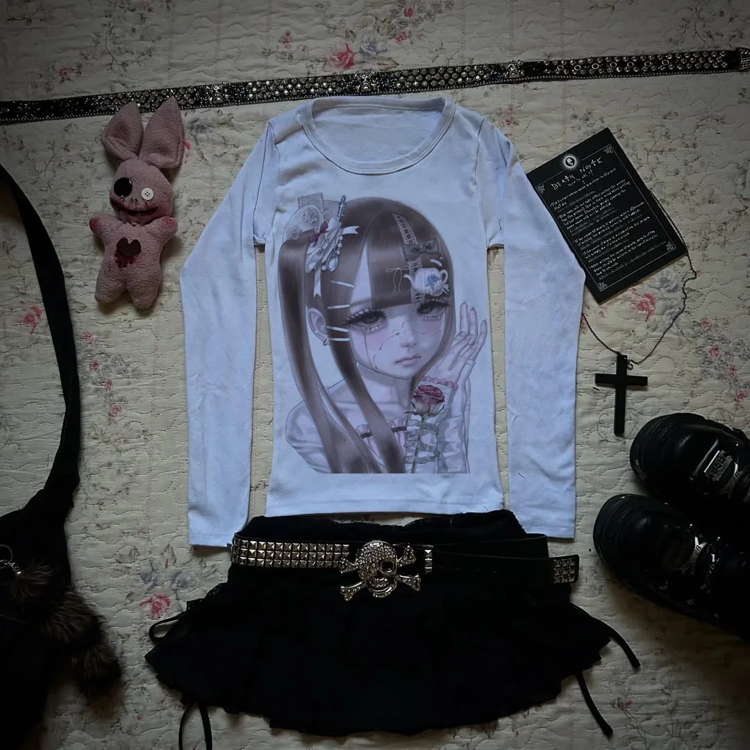 Grunge Alt Emo Women White Fitted Long Sleeve Top Pink Gothic Anime Rose Graphic Y2K Harajuku Slim Casual Tee