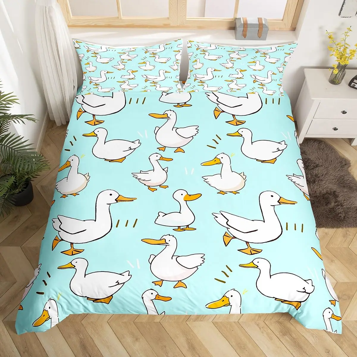 Cartoon Goose Bedding Set Lovely Ducks Duvet Cover Farmhouse Animal Comforter Cover White Duck Quilt Cover