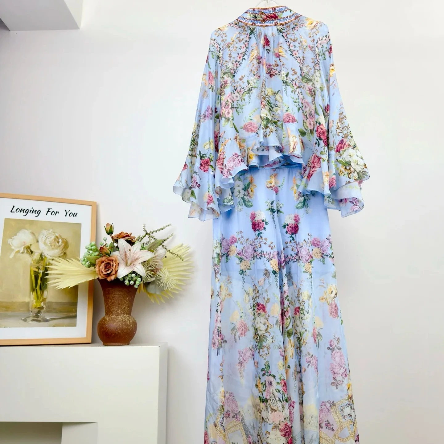 Women Crystal Beaded Flower Print Set Stand Collar Flare Sleeve Shirt tops + High Waist Straight Wide Leg Pants