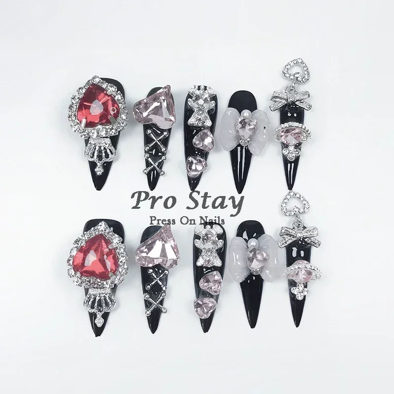 10 Uñas Postizas Hechas a Mano Negras Y2K, Decoración de Diamantes y Metal, Frescas y Geniales 3