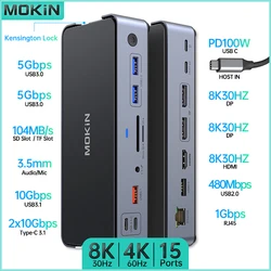 MOKiN-estación de acoplamiento USB C 15 en 1, HDMI, DP, USB 3,0, 3,1, SD/TF, RJ45, Audio PD para Mac, iPad, portátil, 8K, 30HZ, tres canales, 4K, 60HZ