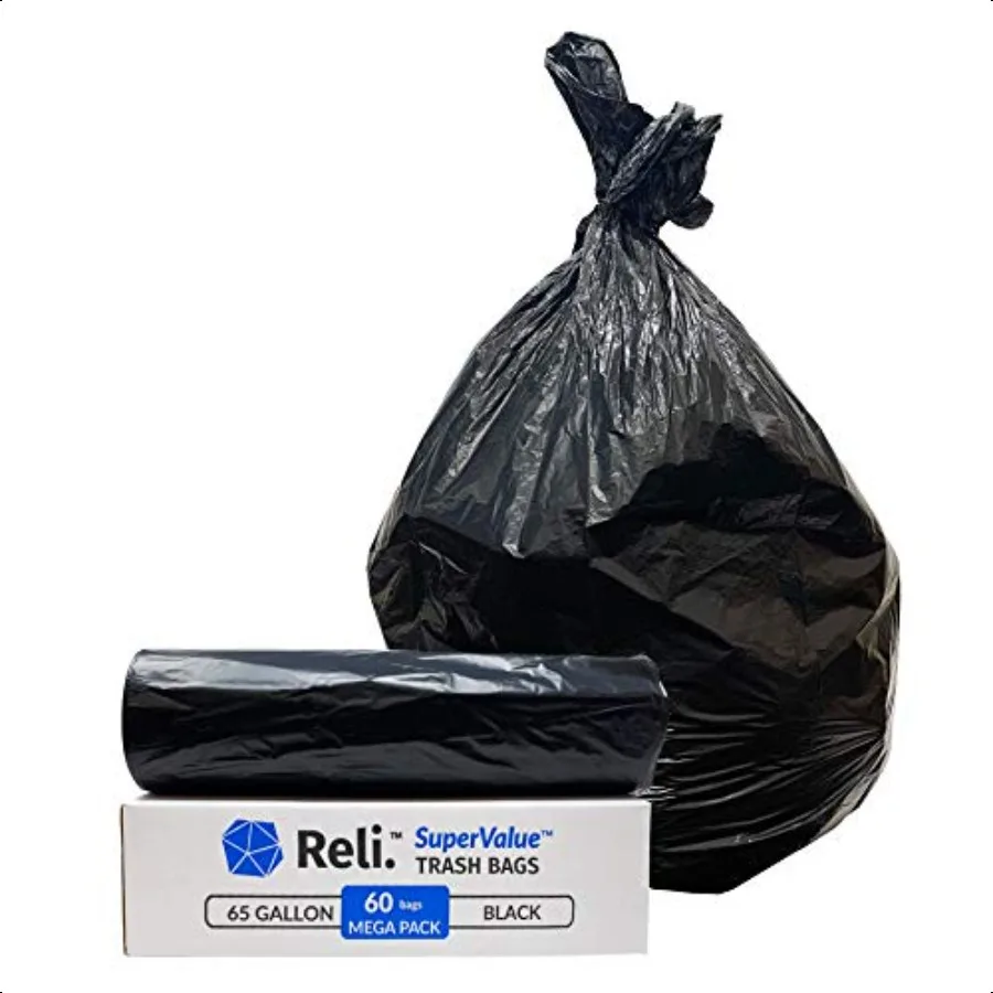 

erValue 65 Gallon Trash Bags 60 Count Made in USA Heavy Duty Black MultiUse Garbage Bags