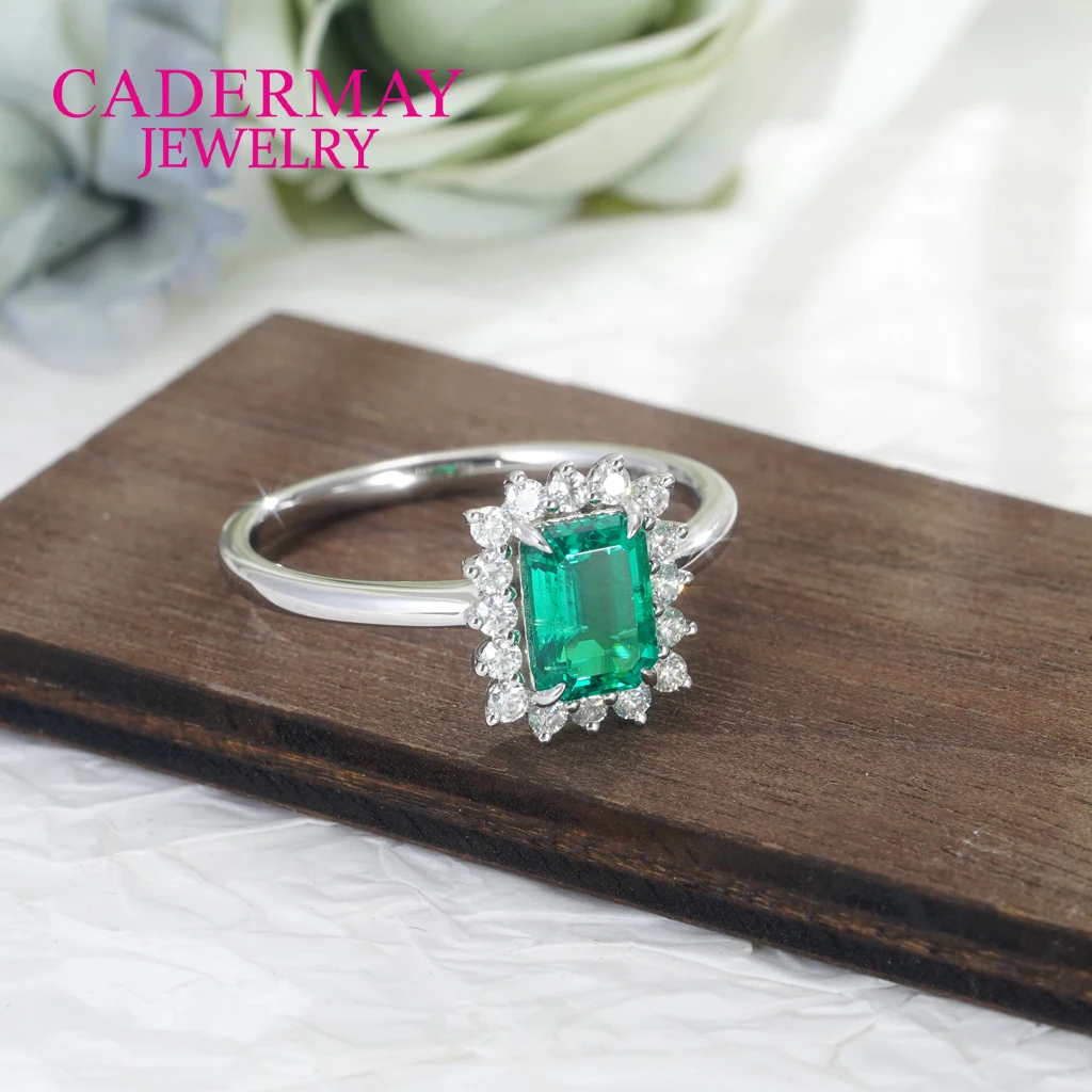 Cadermay 925 Silver Lab Colombian Green 5x7mm Emerald Cut Emerald Halo Moissanite Engagement Ring Emerald Ring For Women Gift