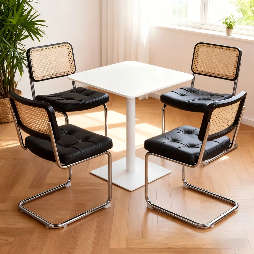Esszimmerstühle Set aus 4 Stück, moderne Mid-Century-Breuer-Freischwingerstühle, Sitz mit Kunstlederbezug, Rattanrückenlehne, verchromte Metallbeine, stapelbar für Esszimmer, Wohnzimmer, Küche