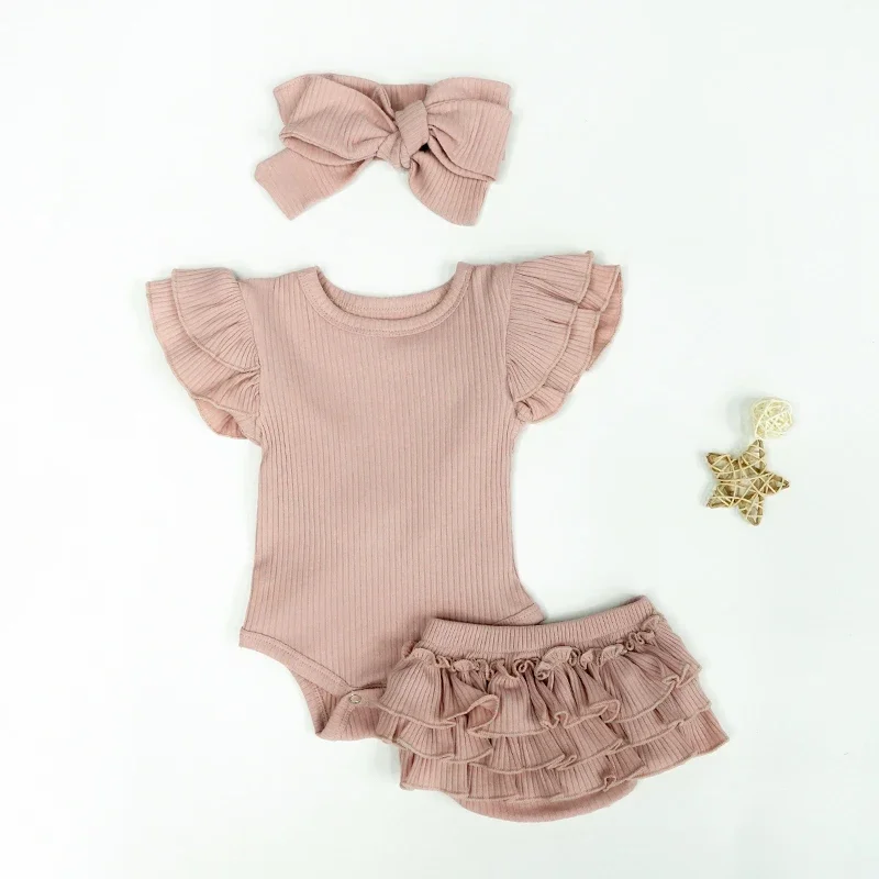 Baby Girls Romper Set | Newborn Flying Sleeve Rompers | Knitted Rompers with Bow Headband | Cake Bloomers | Ropa Bebe