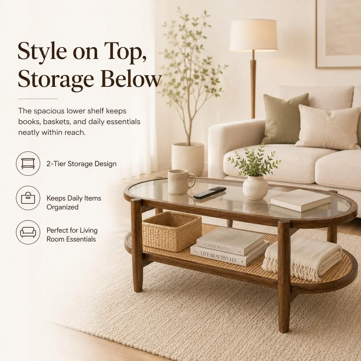 Oval Rattan Coffee Table with Tempered Glass Top & PE Woven Shelf, 2-Tier Acacia Wood Frame for Living Room, 40 Inch, Customized