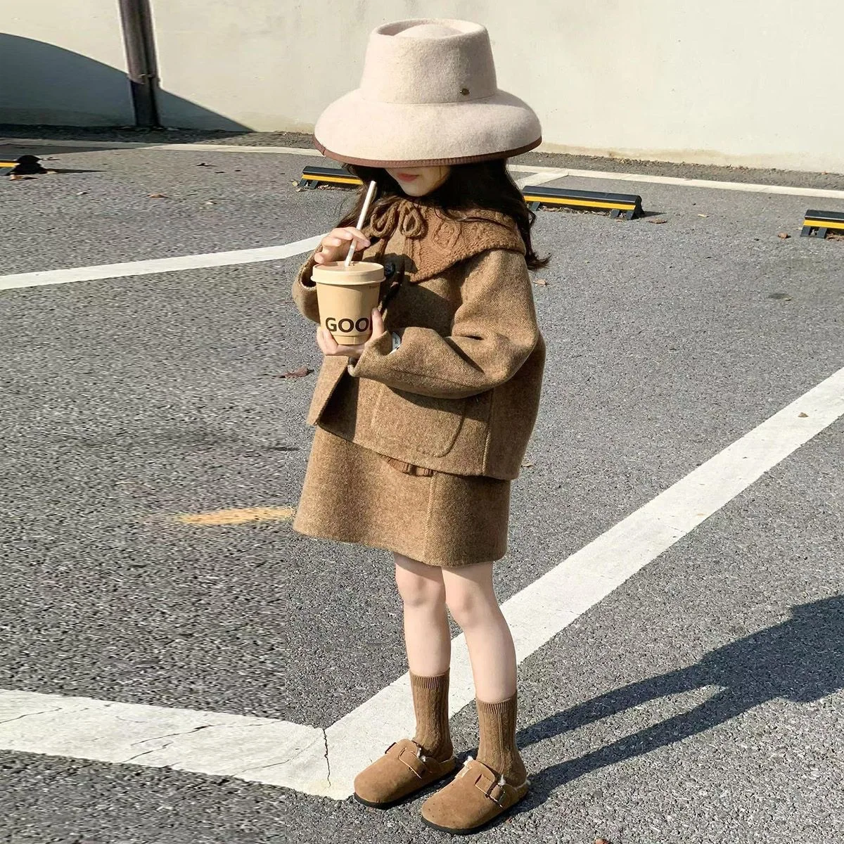 Korean Children's Clothing 2024 Autumn and Winter New Item Brown Woolen Thick Set Girls' Big Collar Suit Jacket Half Skirt