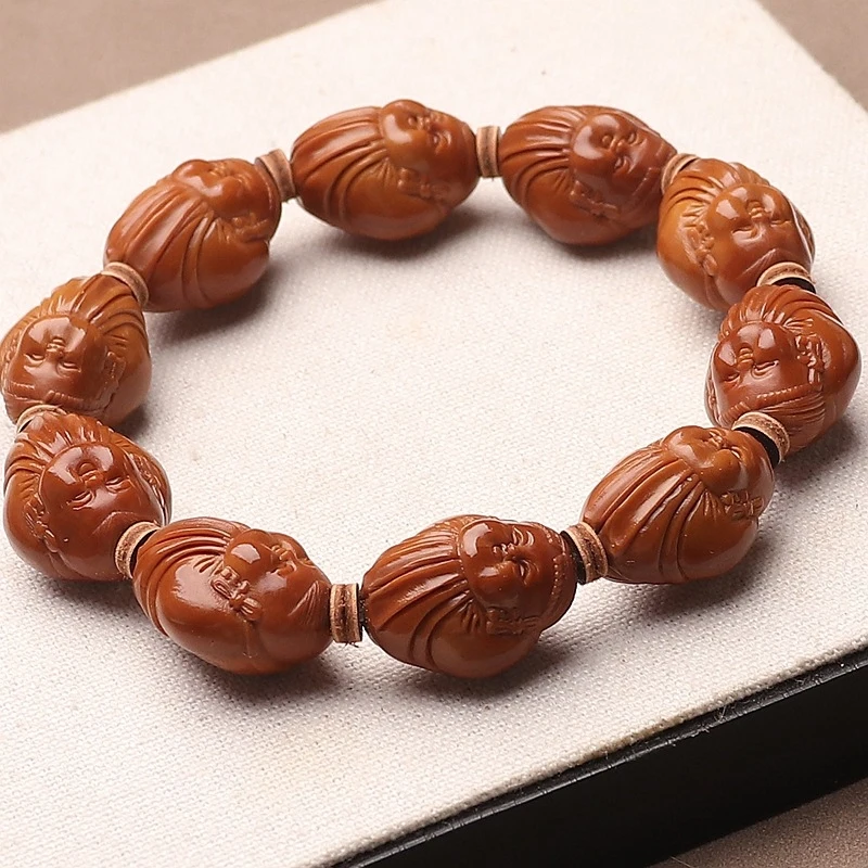 Handmade Olive Small A-Fu Single-Loop Buddhist Bead Bracelet With Patinaed Red Stone And Various Styles