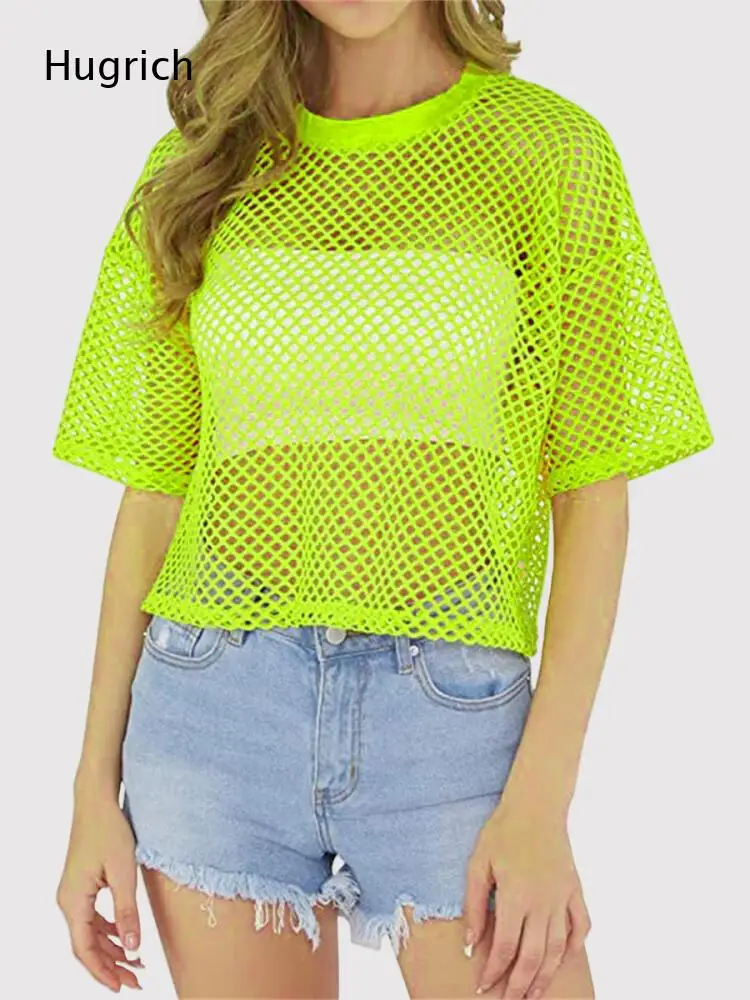 Breathable See Through Fishnet Mesh Crew Neck Short Sleeve Crop Top Solid Hot Pink Loose Casual Women Beach T Shirt