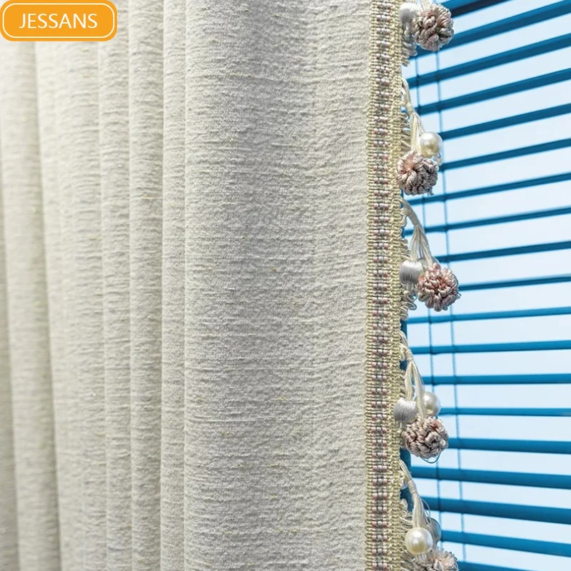 New High-end Cream Cotton Linen Lace Splicing Thickened Curtains for Living Room Bedroom French Window Customized Products