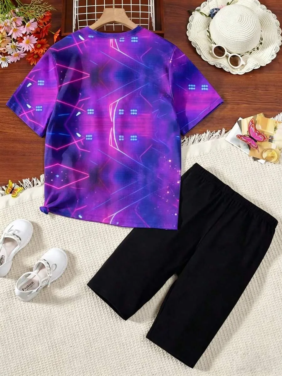 Girls' Purple Neon K-Pop Stage-Style Short-Sleeve Set: All-Over Print T-Shirt and Shorts with Vertical Side Lettering (2-Piece S