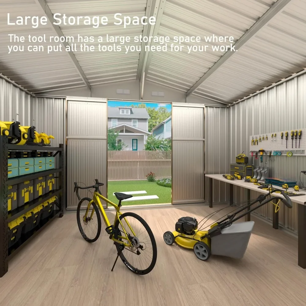 سقيفة تخزين خارجية 10 × 8 أقدام مع نافذة، سقيفة أدوات معدنية كبيرة مع باب قابل للقفل وسقف منحدر مقاوم للمطر، سقيفة حديقة للظهر