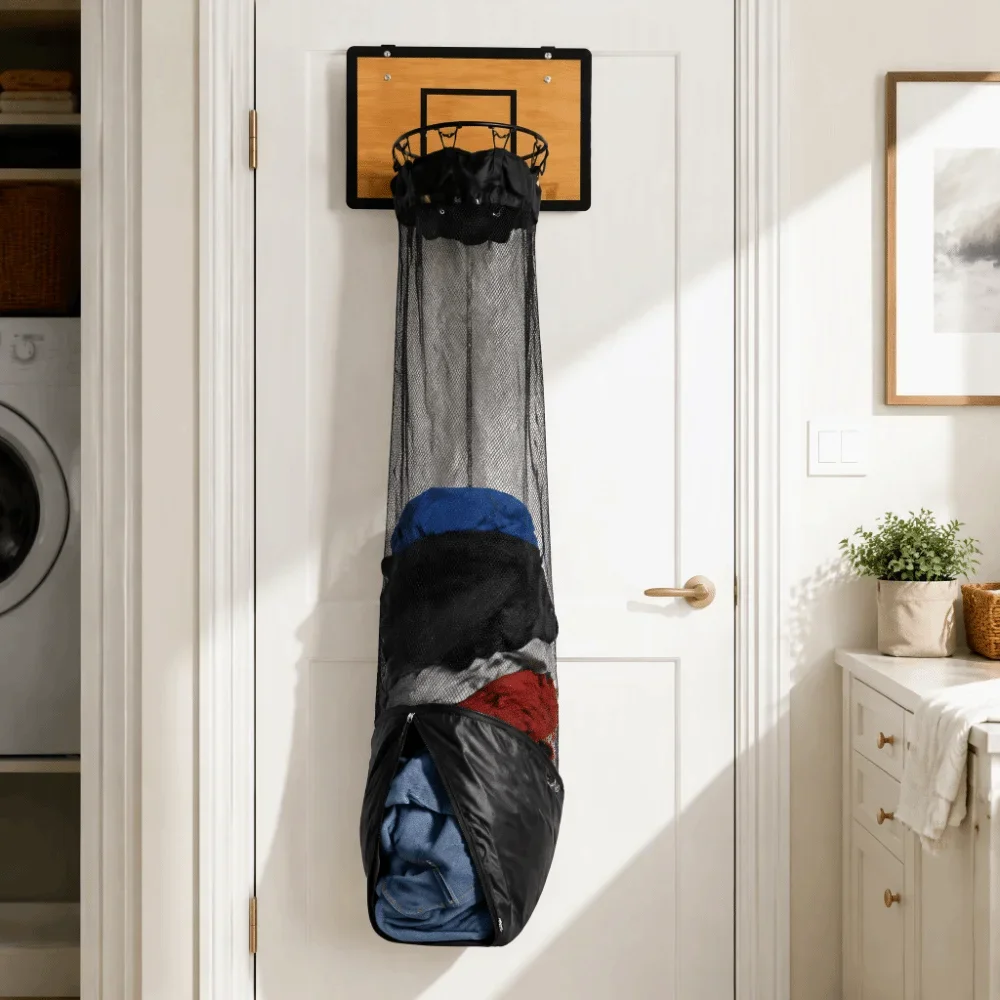 HLH Can Be Hung Hanging Laundry Basket No Drilling Required Net Fabric Storage Wall-mounted Dirty Laundry Basket Large Capacity