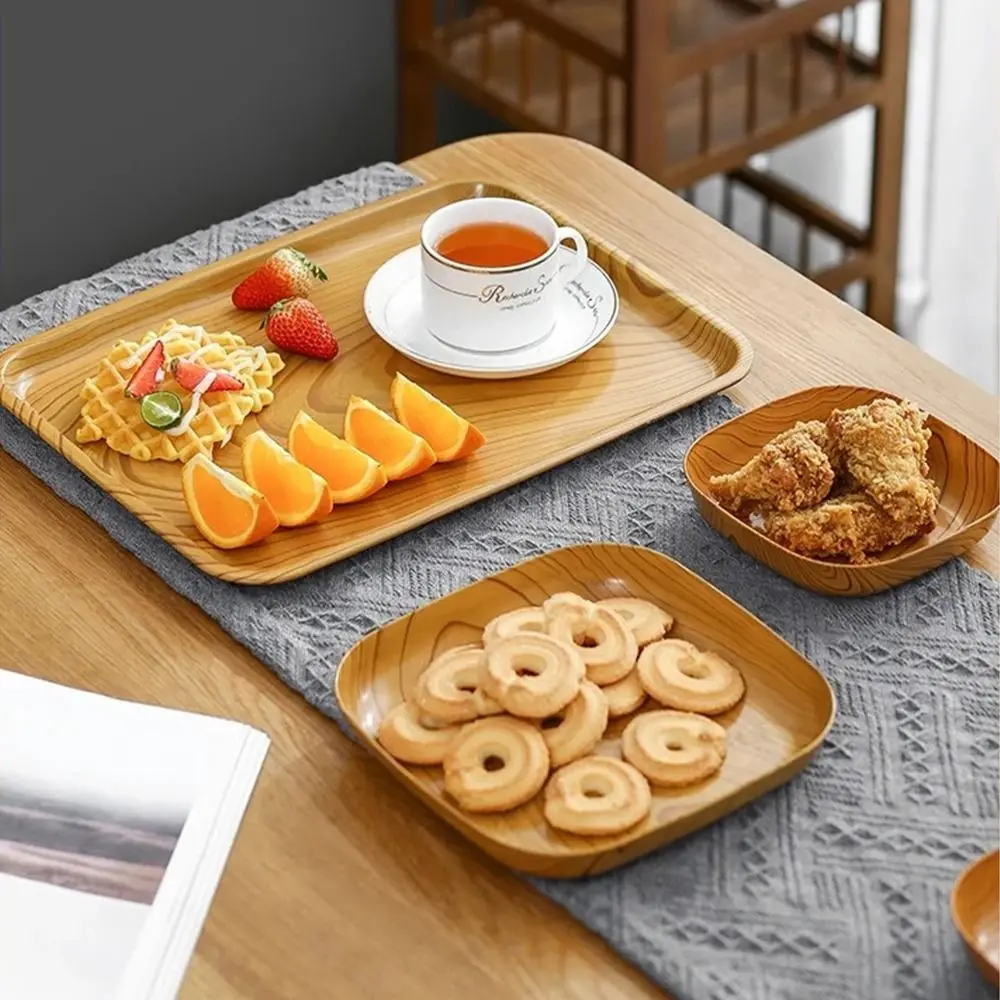 7Pcs/Set Durable Imitation Wood Grain Snack Plates Plastic Small Simple Tea Art Dish 14cm with Storage Box Bone Spitting Dish