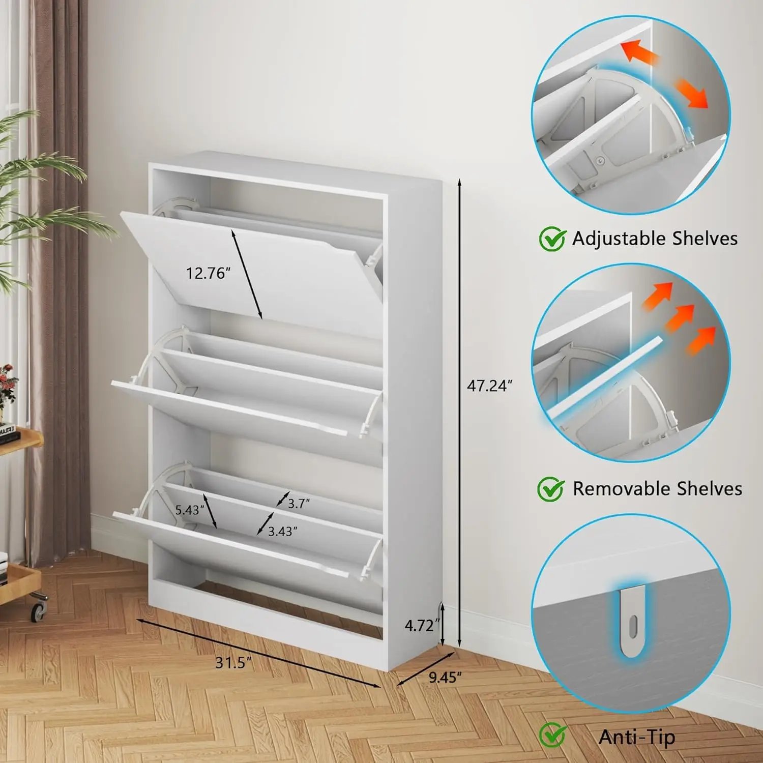 3 أدراج قابلة للطي، خزانة أحذية خشبية مخفية، خزانة تخزين أحذية قائمة بذاتها لمدخل المدخل. أبيض.