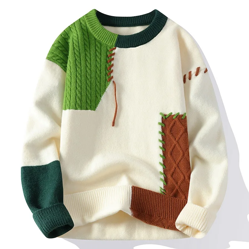 Men Knitted Jumpers Patchwork Sweater O Neck Pullovers Spliced Long Sleeve Jumper Slight Strech Standard Wool 2024 Casual