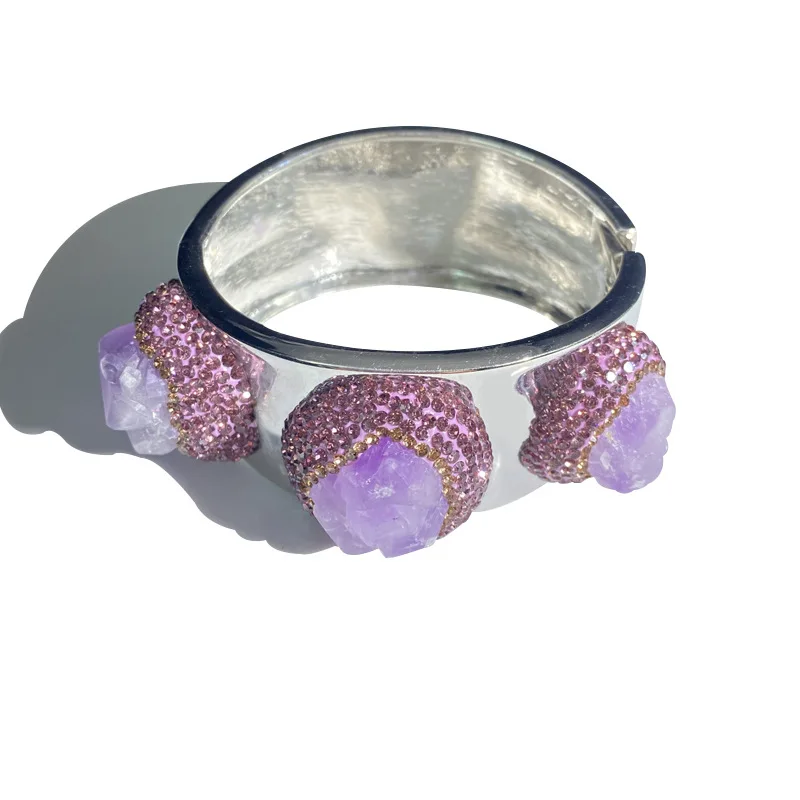 

European and American fashion tide natural original purple ore wide edge alloy bracelet niche design ins tide