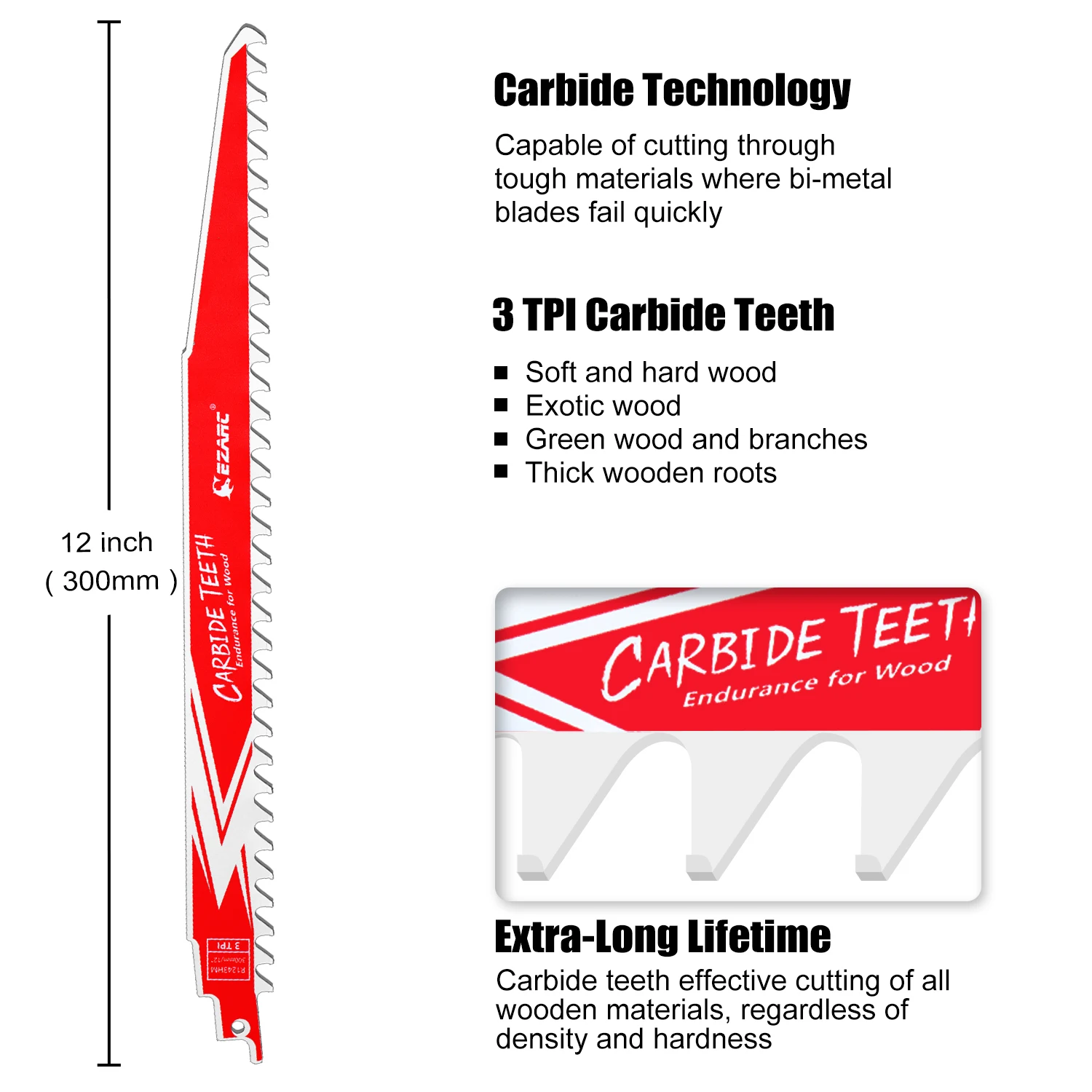 EZARC 300mm(12-Inch) Carbide Reciprocating Saw Blade R1243HM Endurance for Hard Wood 3TPI, 3/6/9Pcs